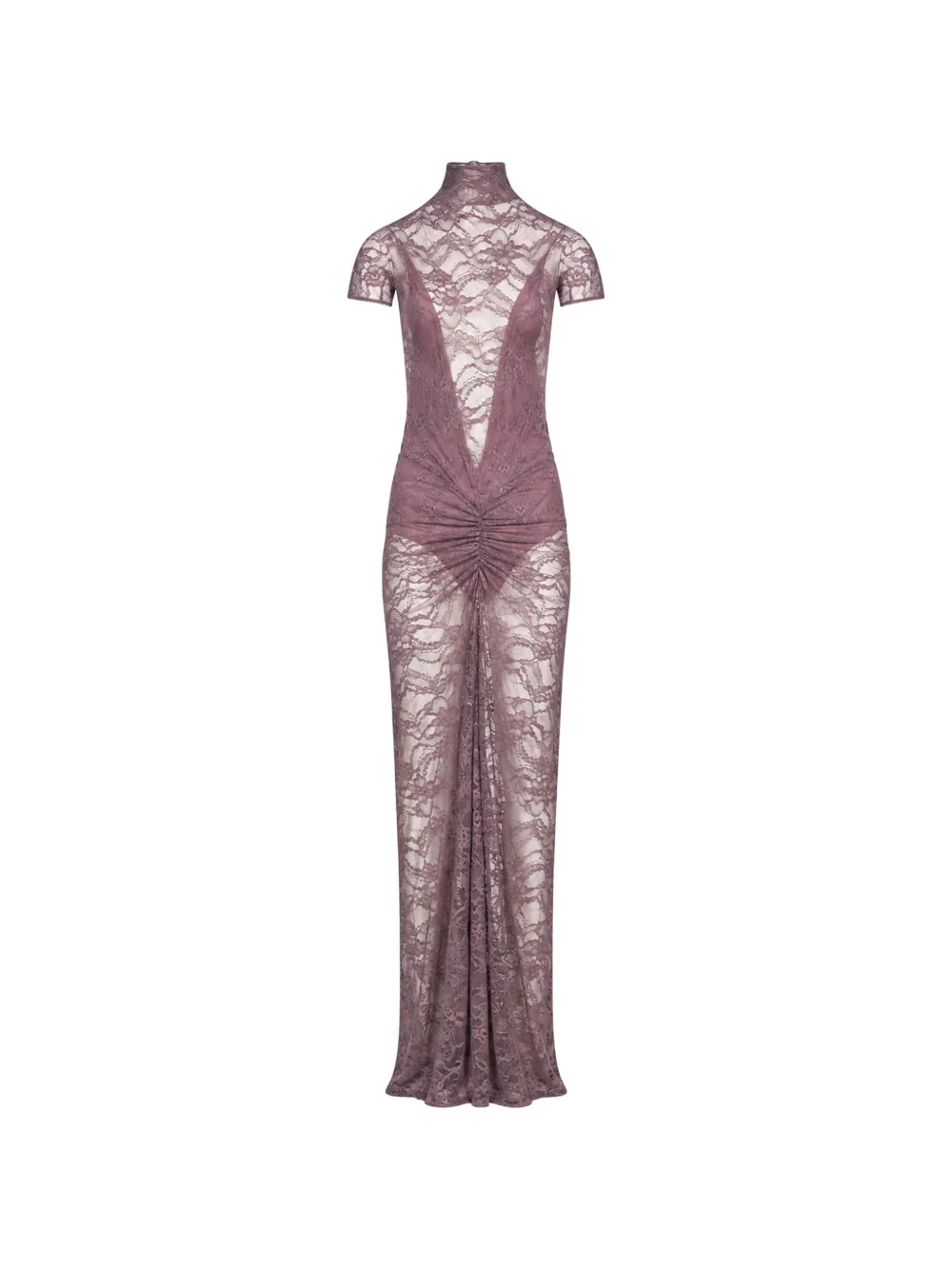 THE ANDAMANE Palma lace ruched fitted maxi dress Paars