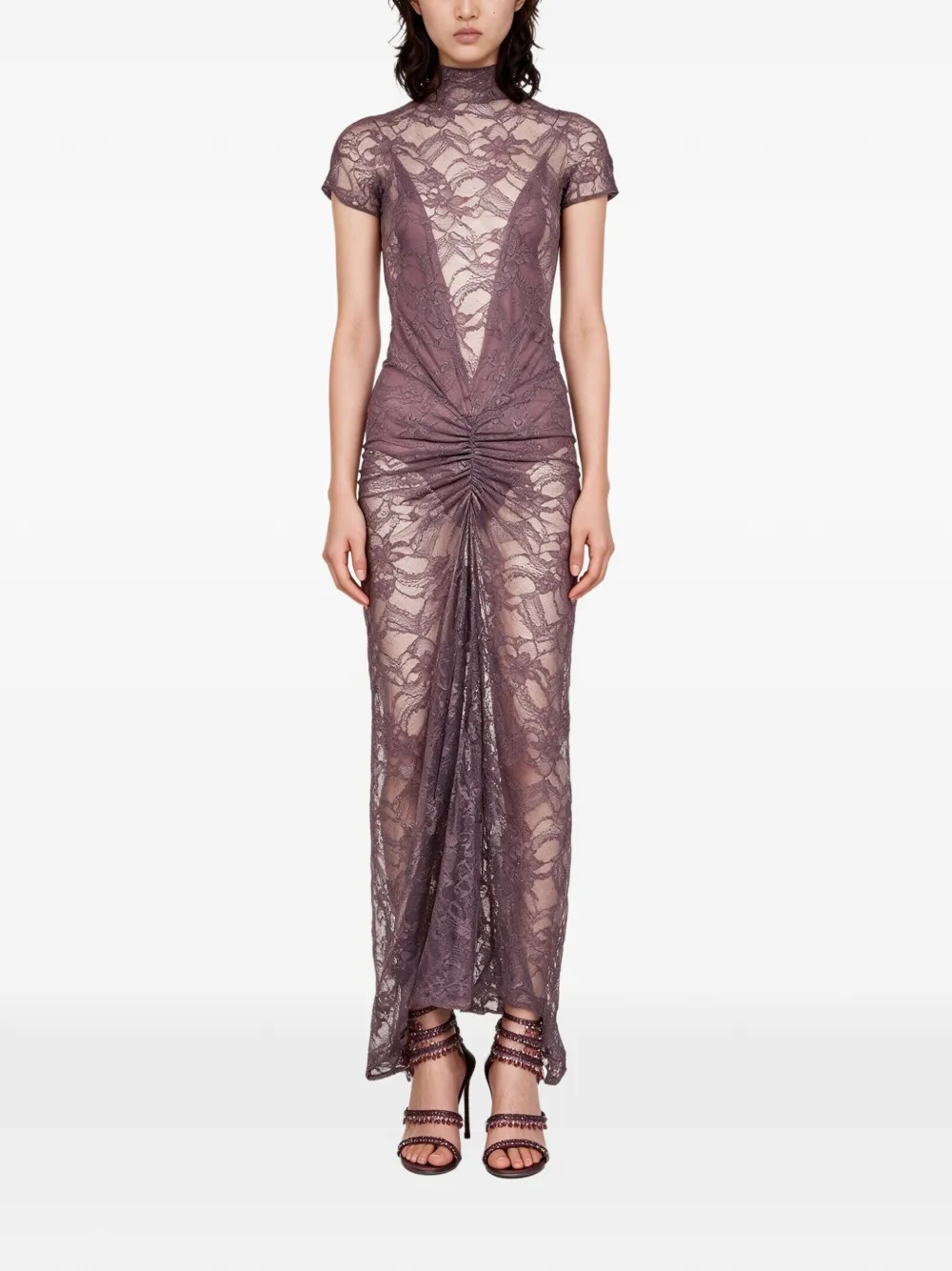 THE ANDAMANE Palma lace ruched fitted maxi dress Paars