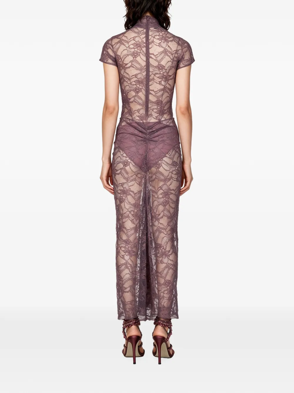 THE ANDAMANE Palma lace ruched fitted maxi dress Paars