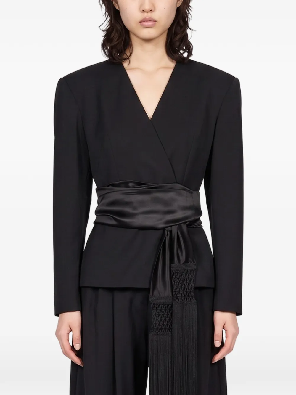 THE ANDAMANE Devina fringe-trim wrap blazer Zwart