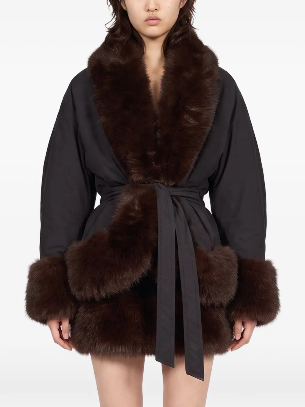 THE ANDAMANE Brina faux-fur trim belted coat Zwart