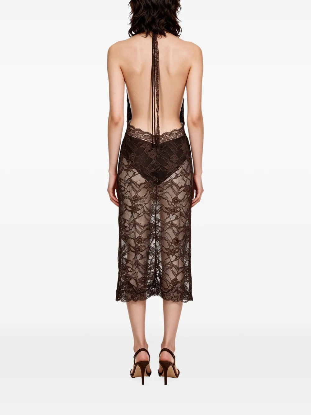 THE ANDAMANE Floria lace-overlay halterneck fitted midi dress Bruin