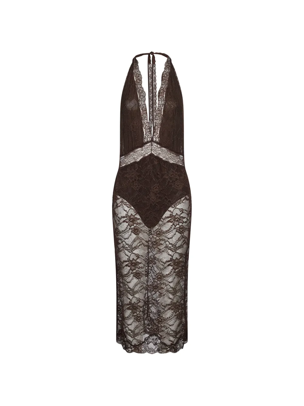 THE ANDAMANE Floria lace-overlay halterneck fitted midi dress Bruin