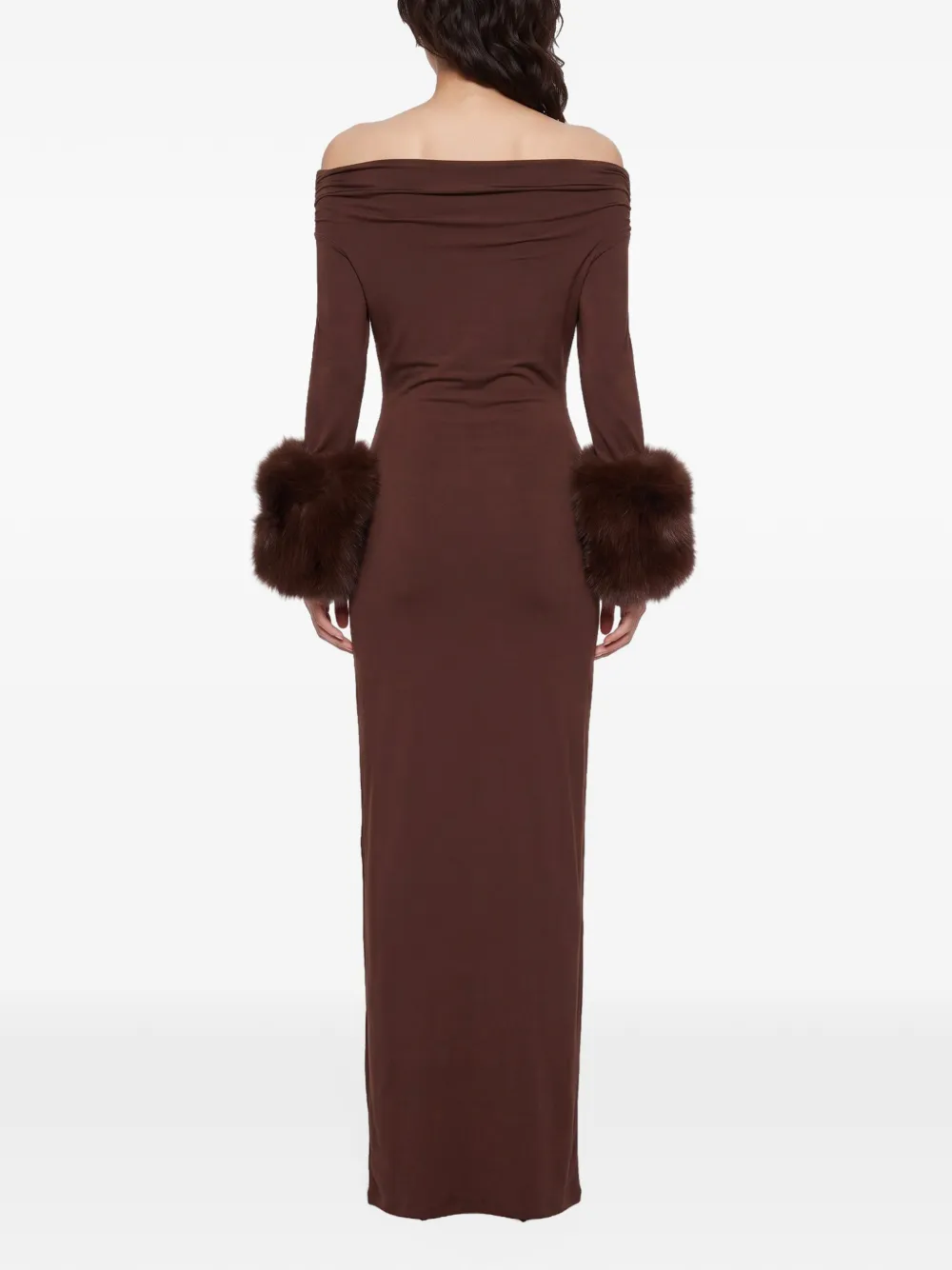 THE ANDAMANE Tyla faux-fur-trimmed off-the-shoulder fitted midi dress Bruin