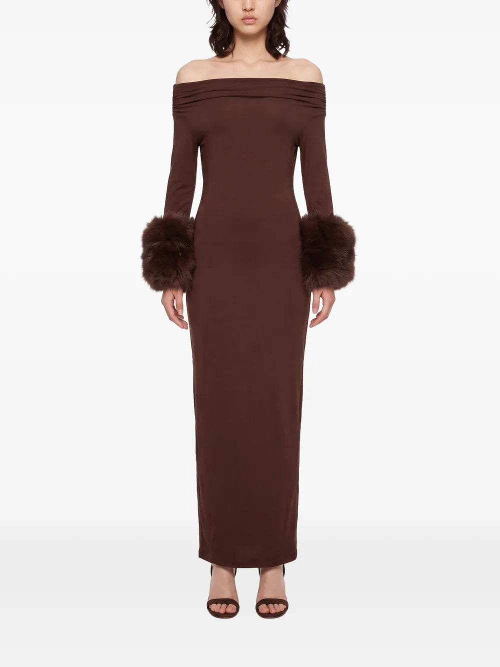 THE ANDAMANE Tyla faux-fur-trimmed off-the-shoulder fitted midi dress Bruin