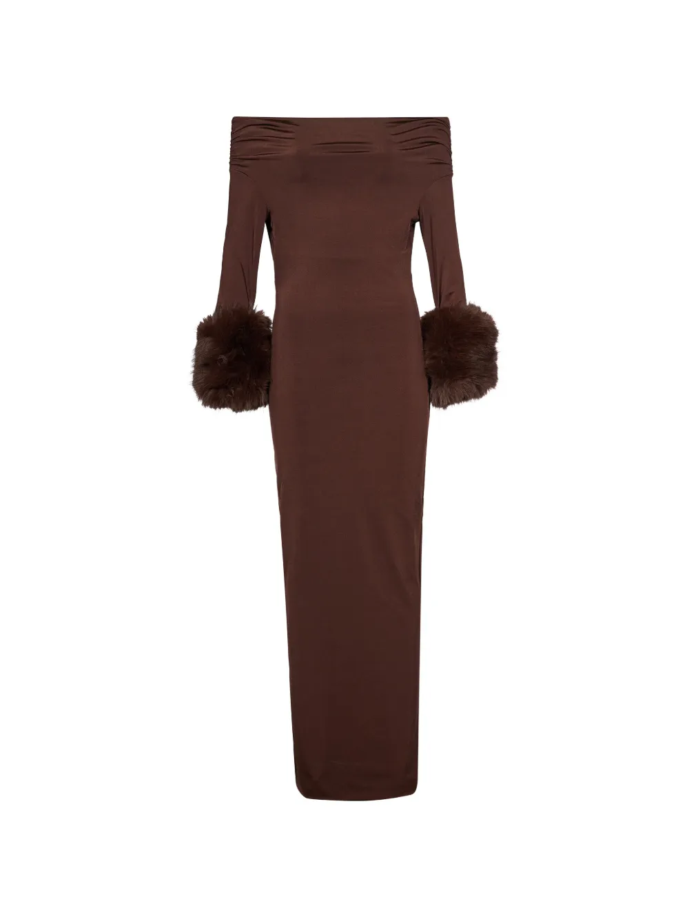 THE ANDAMANE Tyla faux-fur-trimmed off-the-shoulder fitted midi dress Bruin