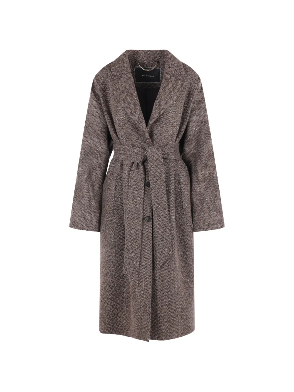 Kiton herringbone-pattern belted single-breasted coat Bruin