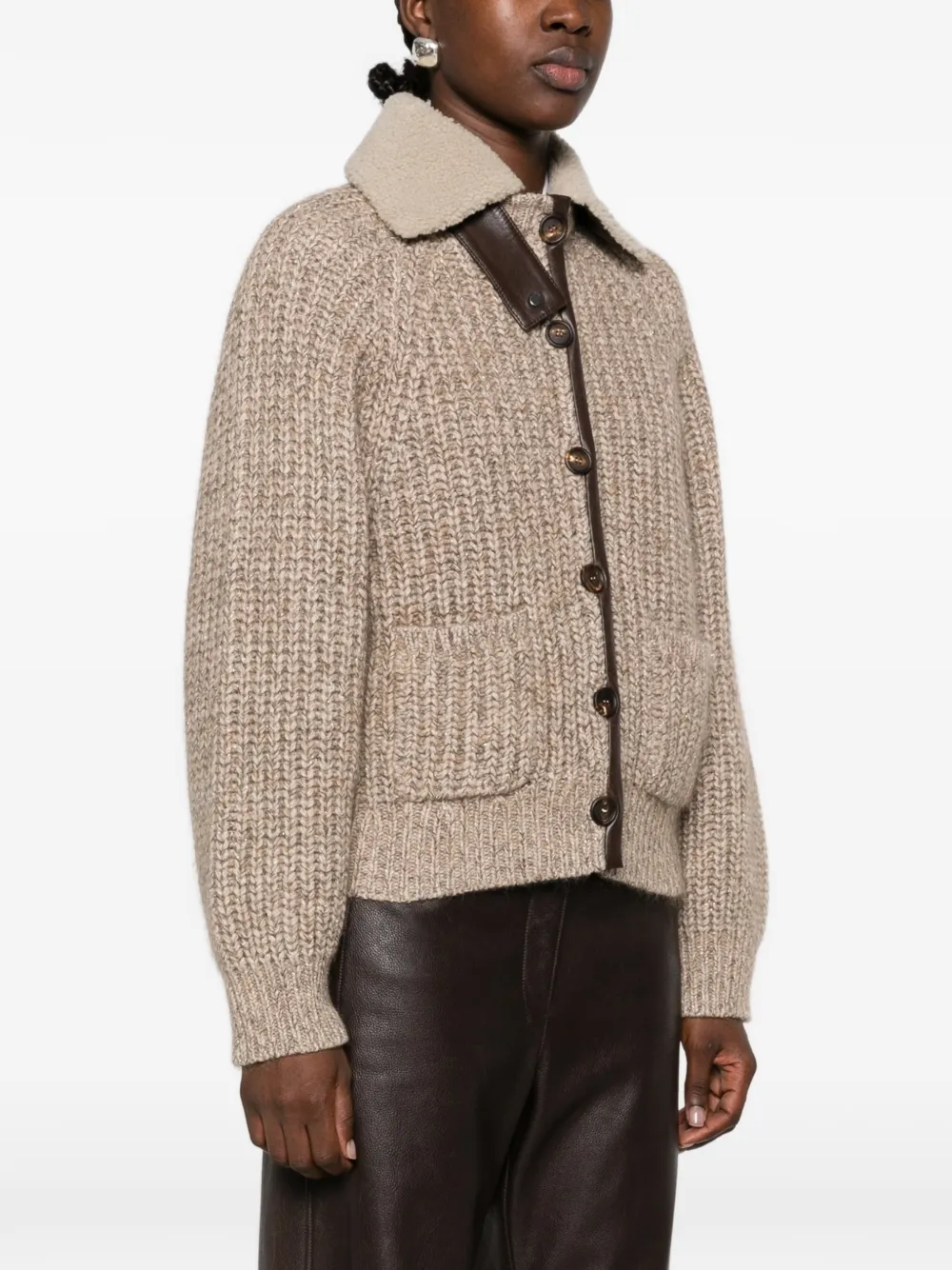 Brunello Cucinelli shearling-collar ribbed-knit cardigan Beige