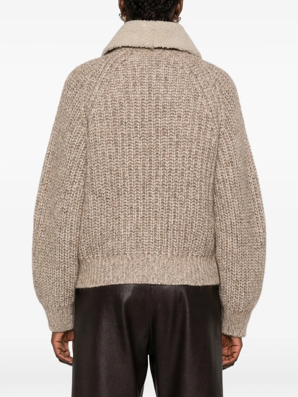 Brunello Cucinelli shearling-collar ribbed-knit cardigan Beige