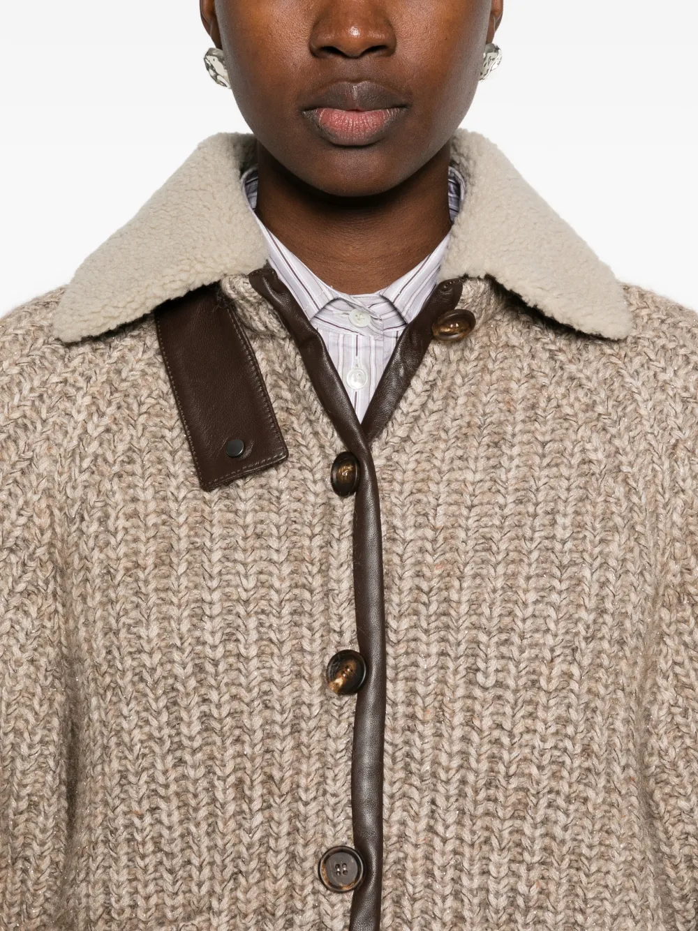 Brunello Cucinelli shearling-collar ribbed-knit cardigan Beige