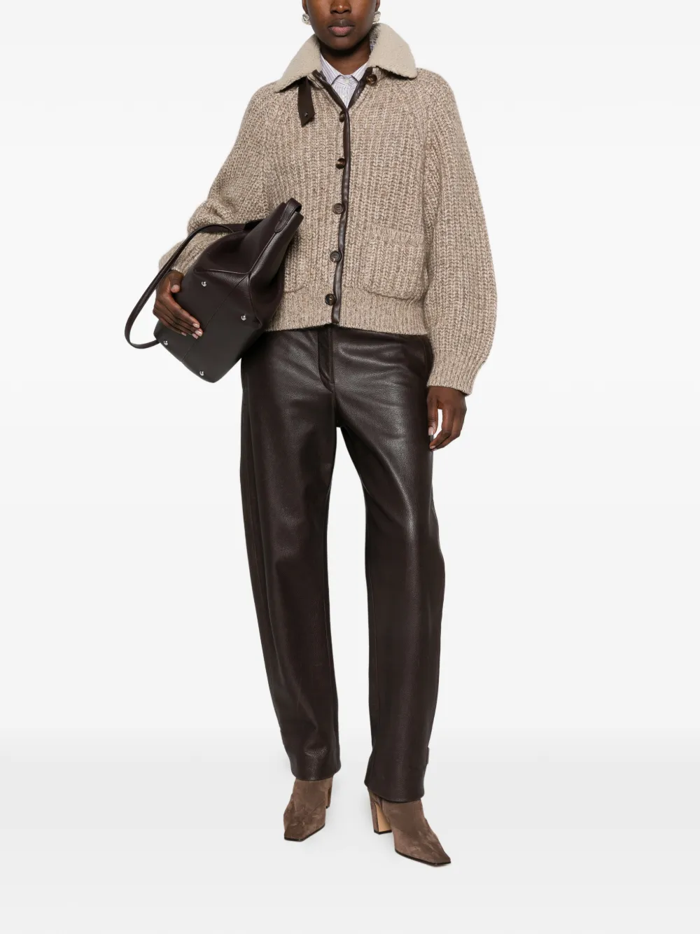 Brunello Cucinelli shearling-collar ribbed-knit cardigan - Neutrals