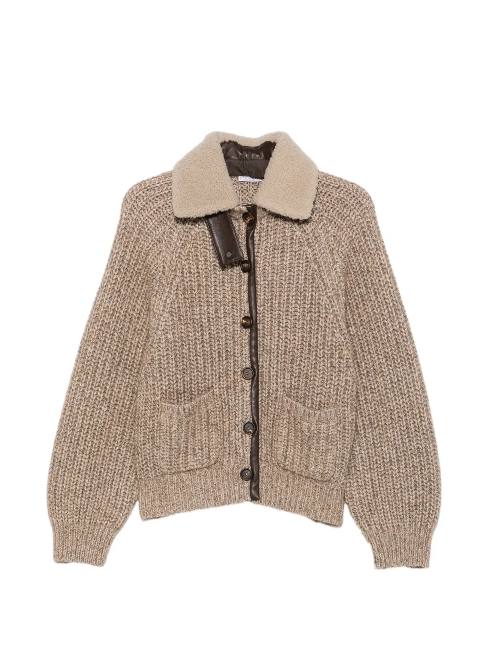 Brunello Cucinelli shearling-collar ribbed-knit cardigan Beige