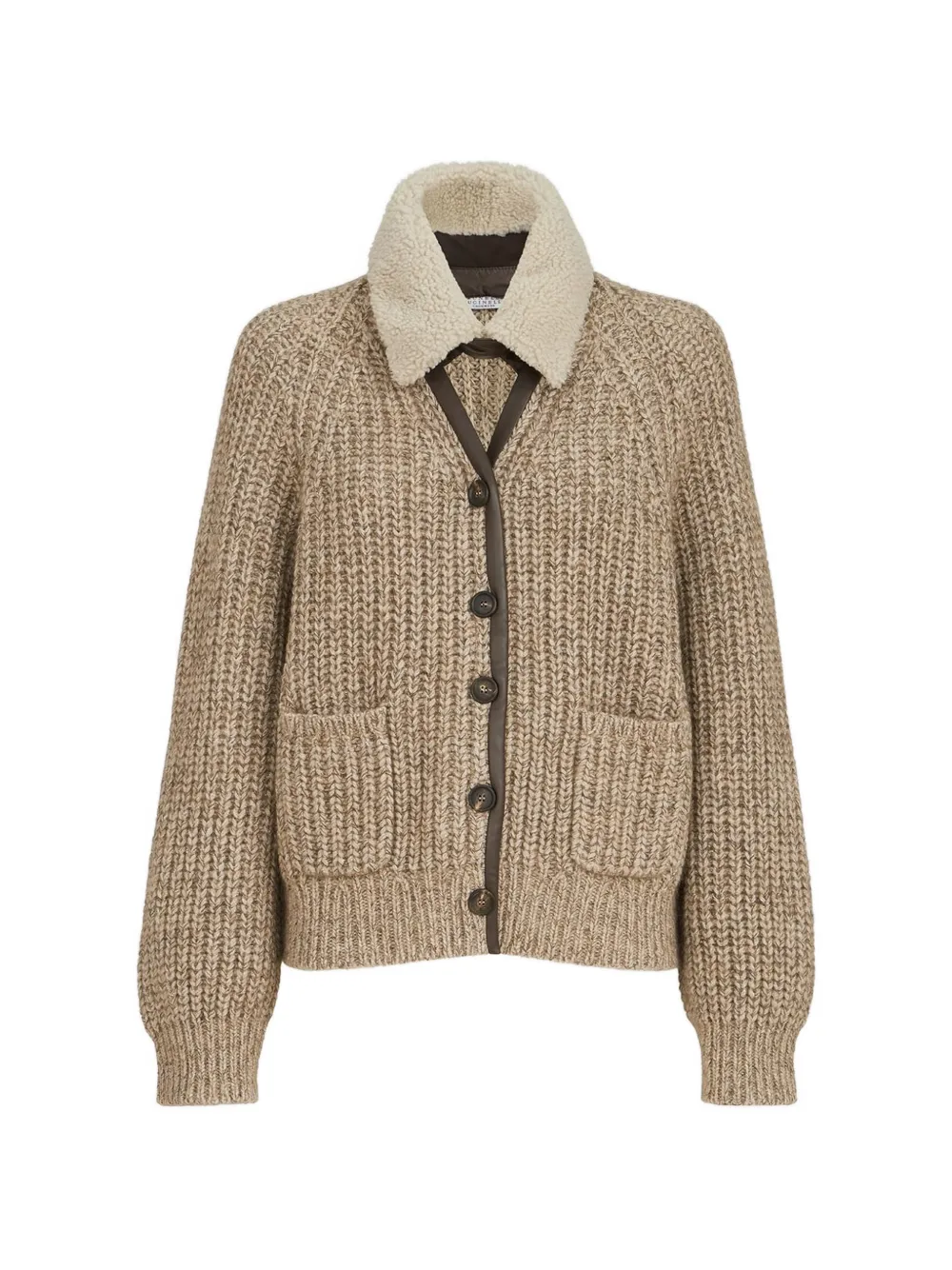 Brunello Cucinelli shearling-collar ribbed-knit cardigan - Toni neutri