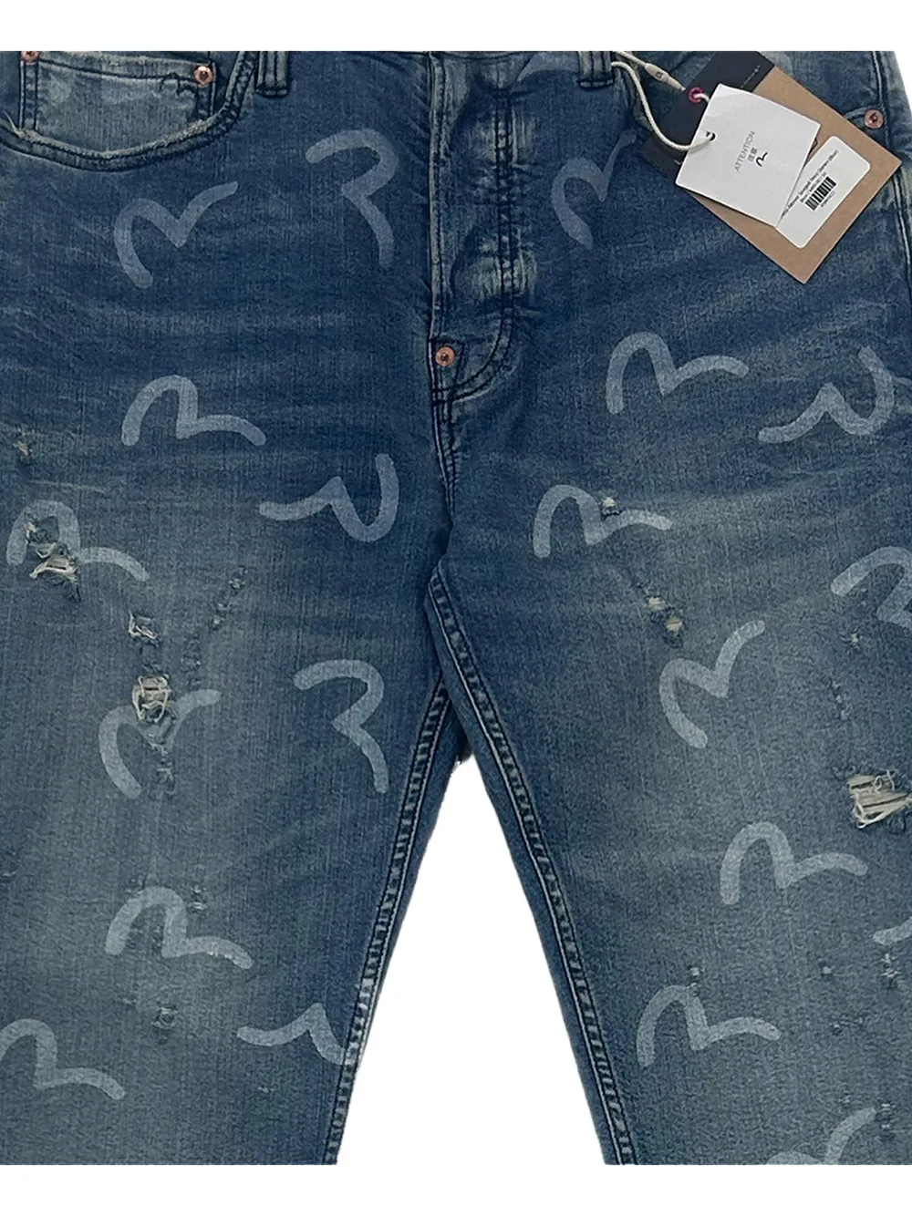 EVISU Seagull-print distressed jeans Blauw