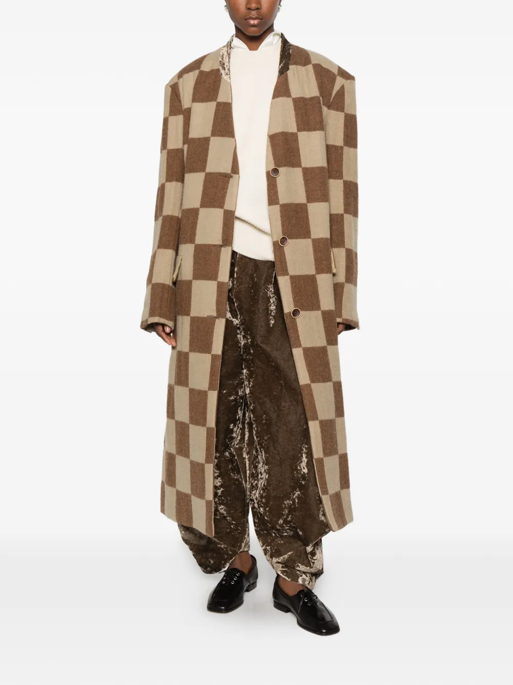 Uma Wang Pixel checkerboard frayed-seam coat Bruin