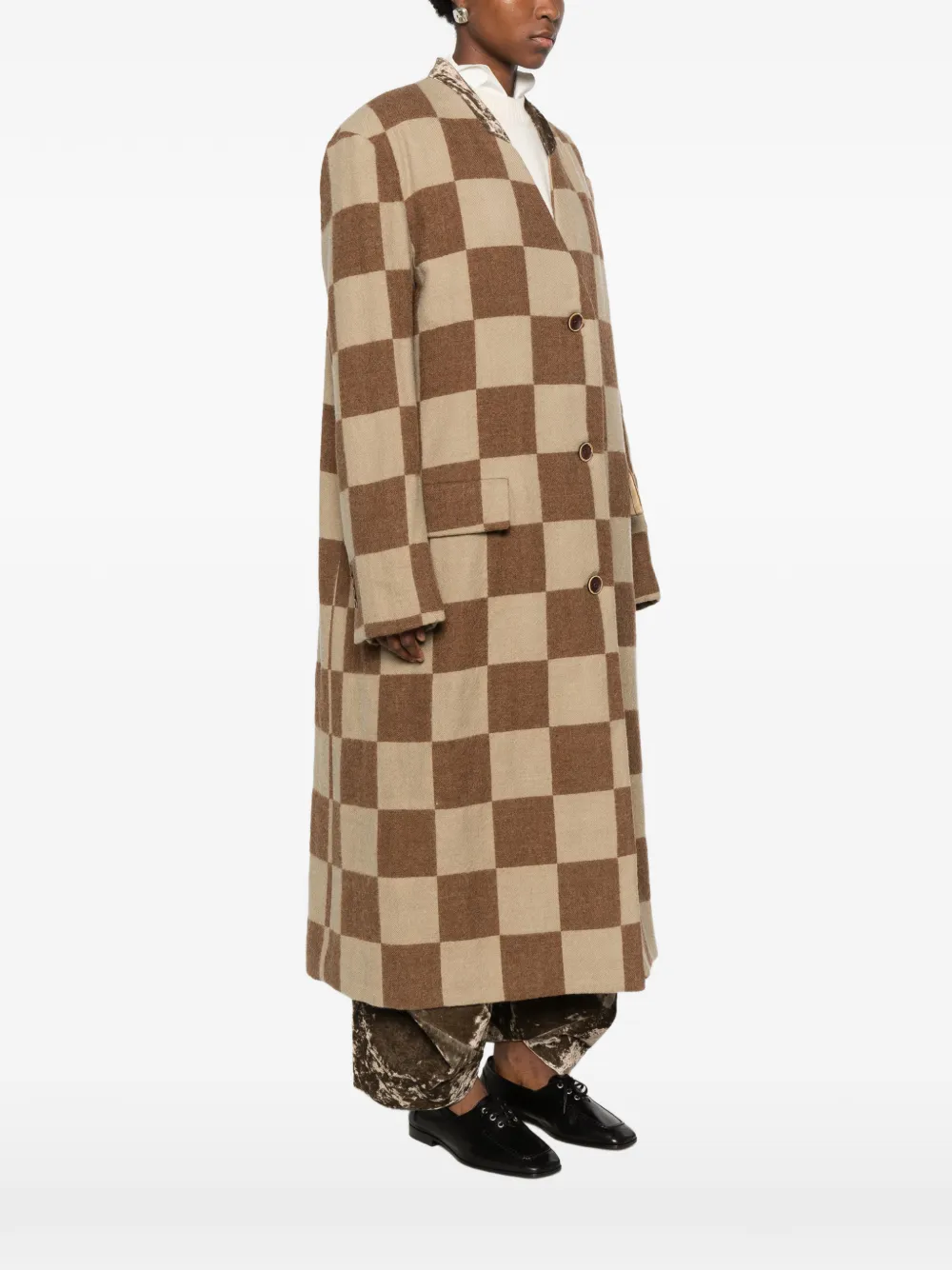 Uma Wang Pixel checkerboard frayed-seam coat Bruin