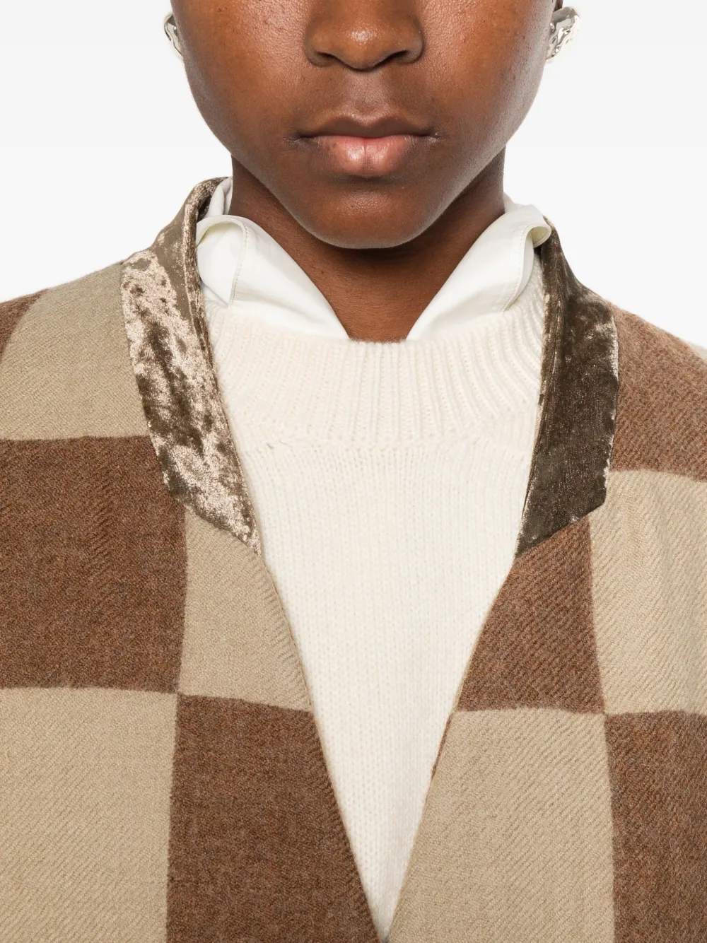 Uma Wang Pixel checkerboard frayed-seam coat Bruin