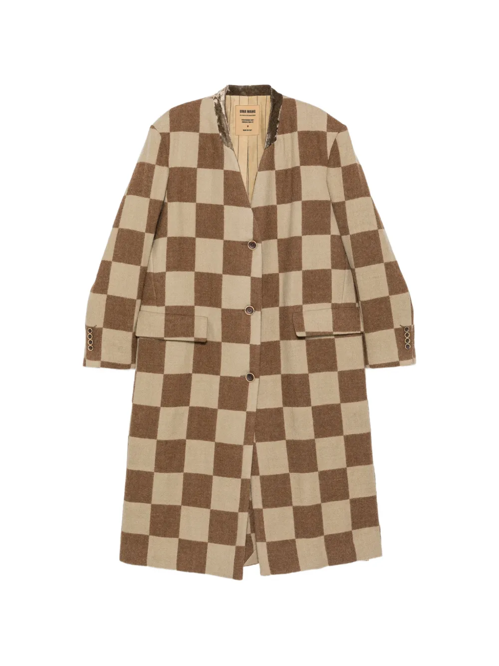 Uma Wang Pixel checkerboard frayed-seam coat - Brown