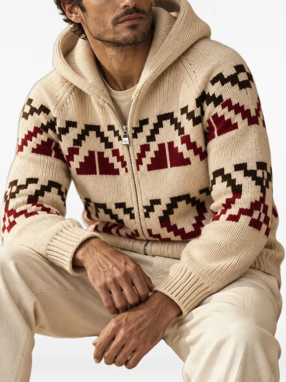 Malo geometric-pattern zip-up sweater Beige