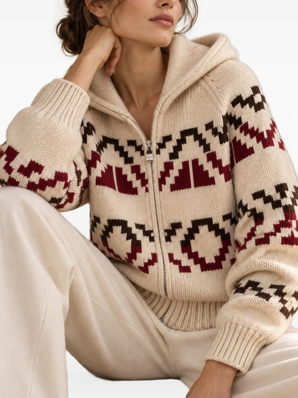 Malo geometric-pattern zip-up sweater Beige