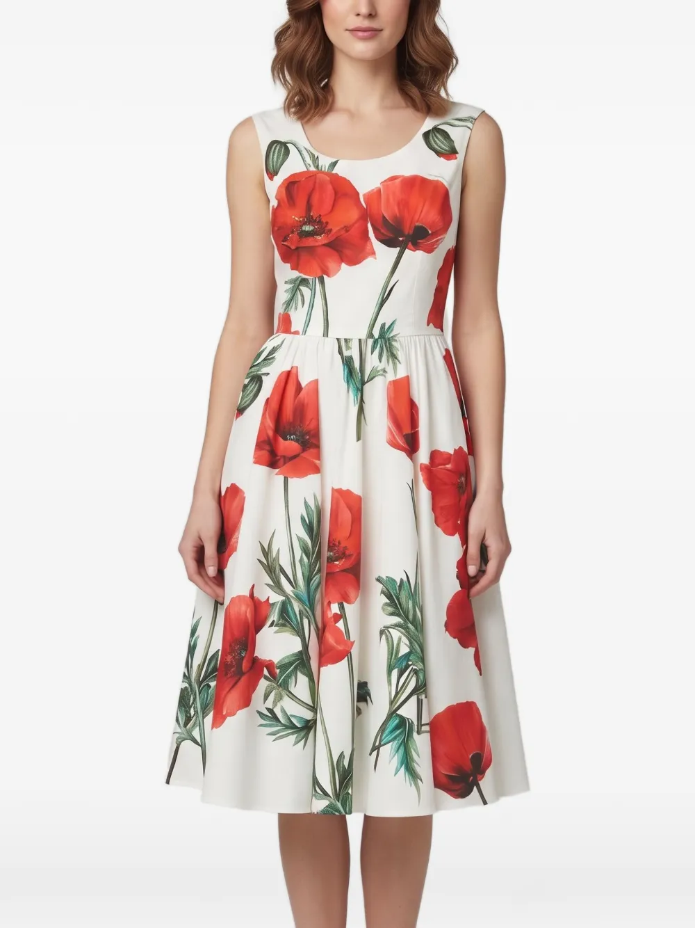 Dolce & Gabbana Pre-Owned poppy-print flared midi dress - White