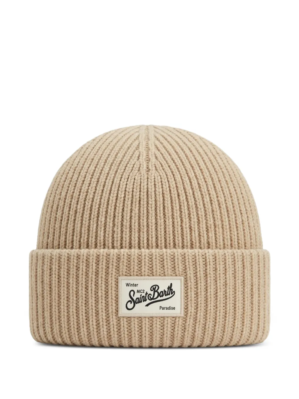 MC2 Saint Barth Kids Berry ribgebreide muts met logo-patch Beige