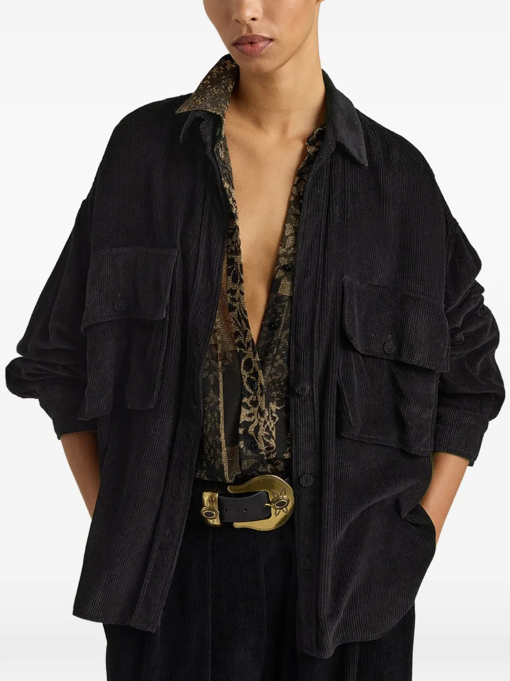 MOMONÌ Pitanga oversized ribfluwelen blouse Zwart