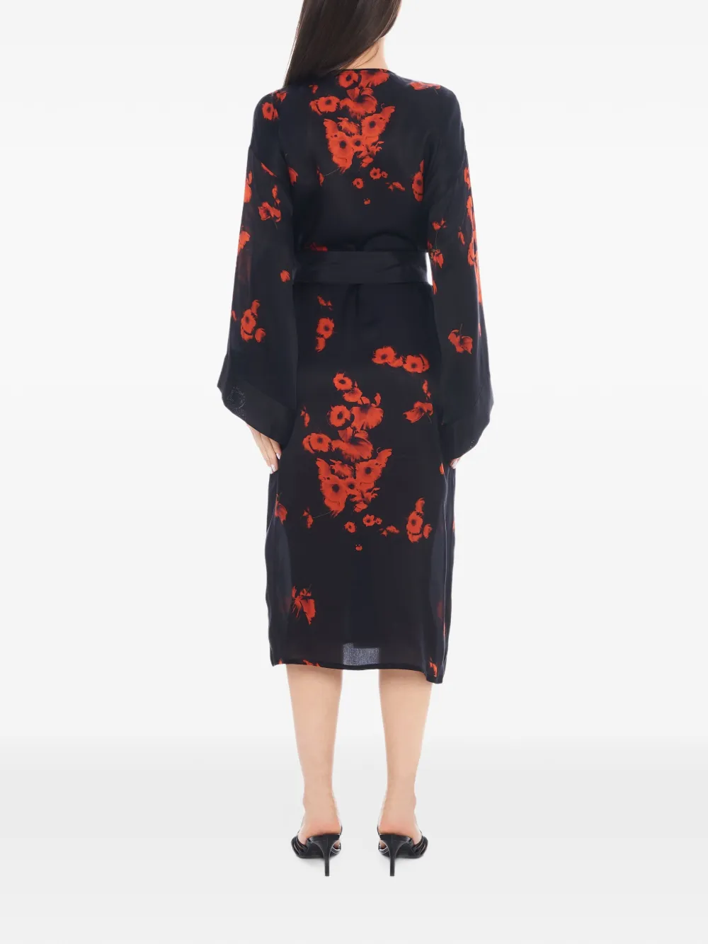Tessitura poppy-print silk kimono Zwart