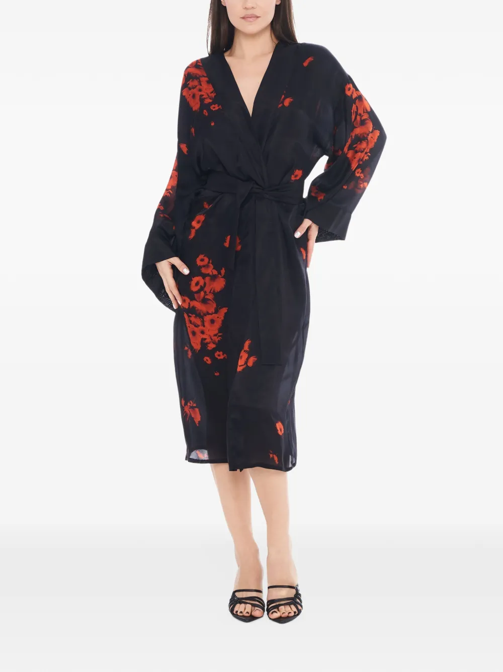 Tessitura poppy-print silk kimono Zwart