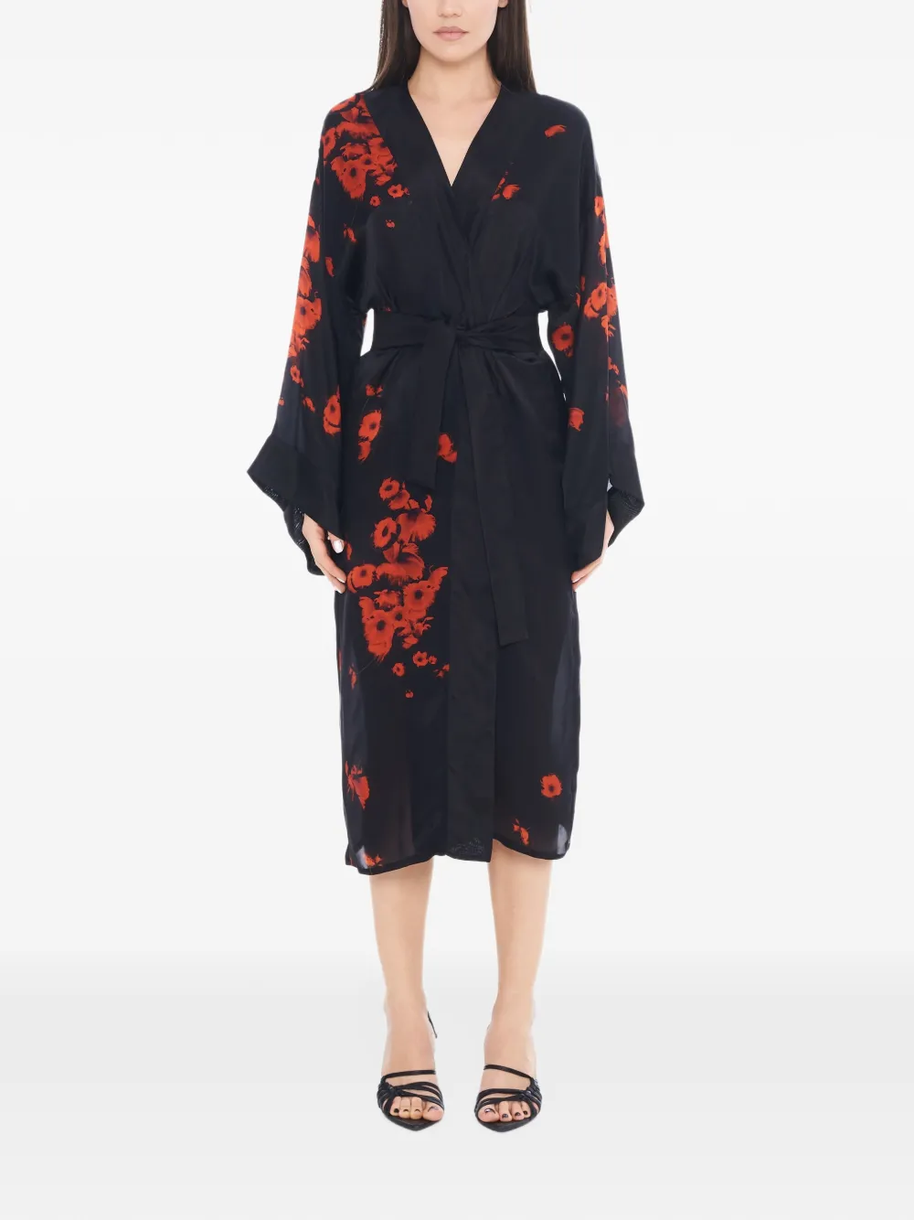 Tessitura poppy-print silk kimono Zwart