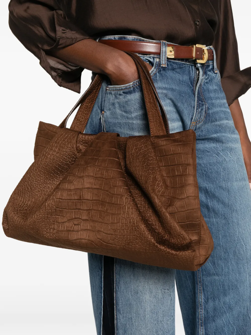 Themoirè Athena croc-effect shoulder bag - Brown