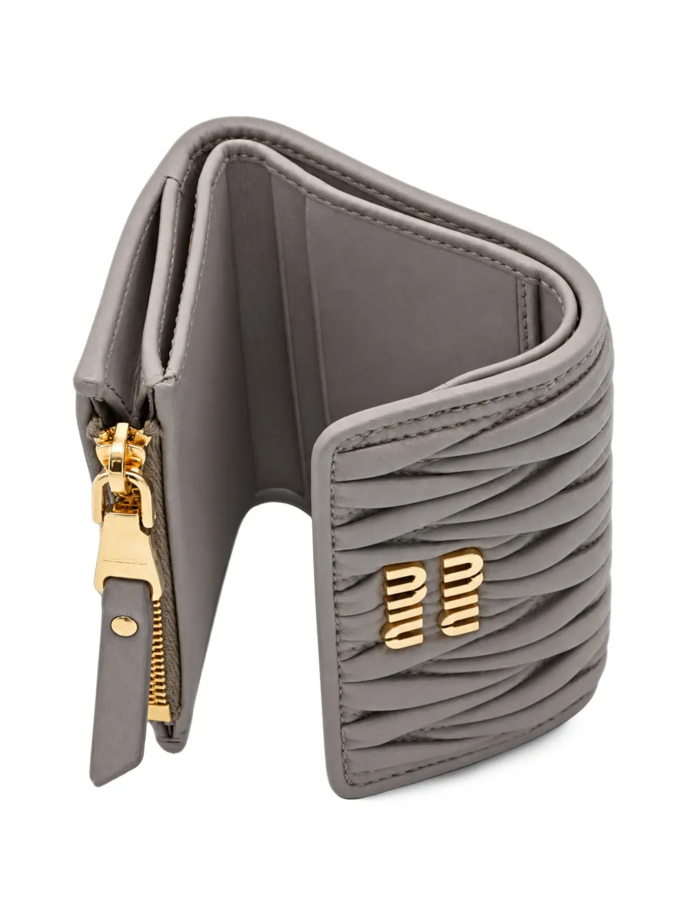 Miu Matelassé nappa leather small wallet Grijs