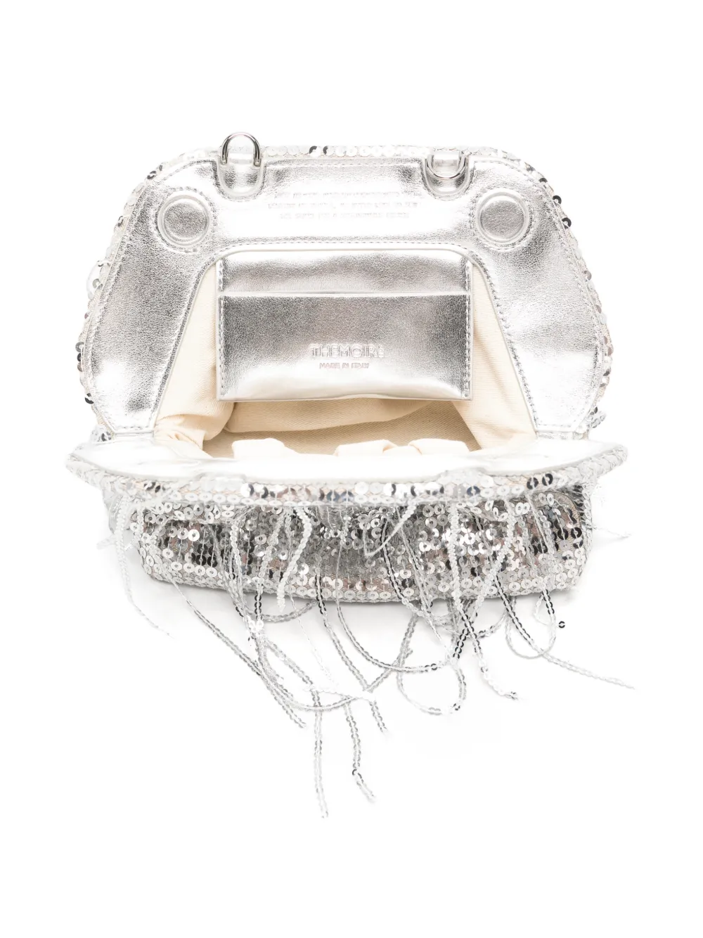 Themoirè small Bios sequin-embellished fringed clutch bag Zilver