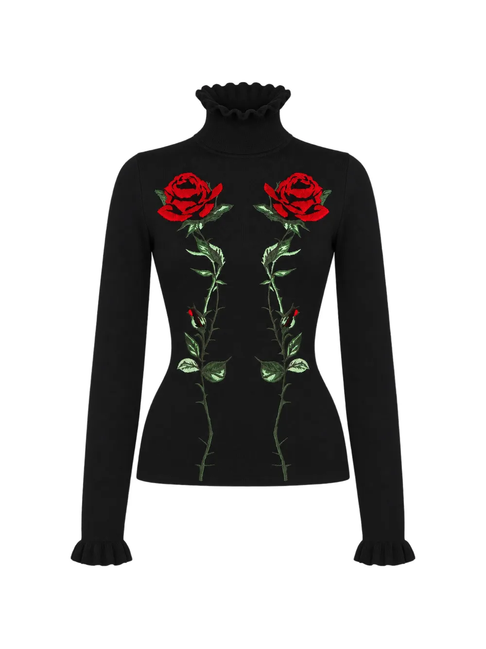 Blumarine rose-embroidered ruffled-trim sweater Zwart