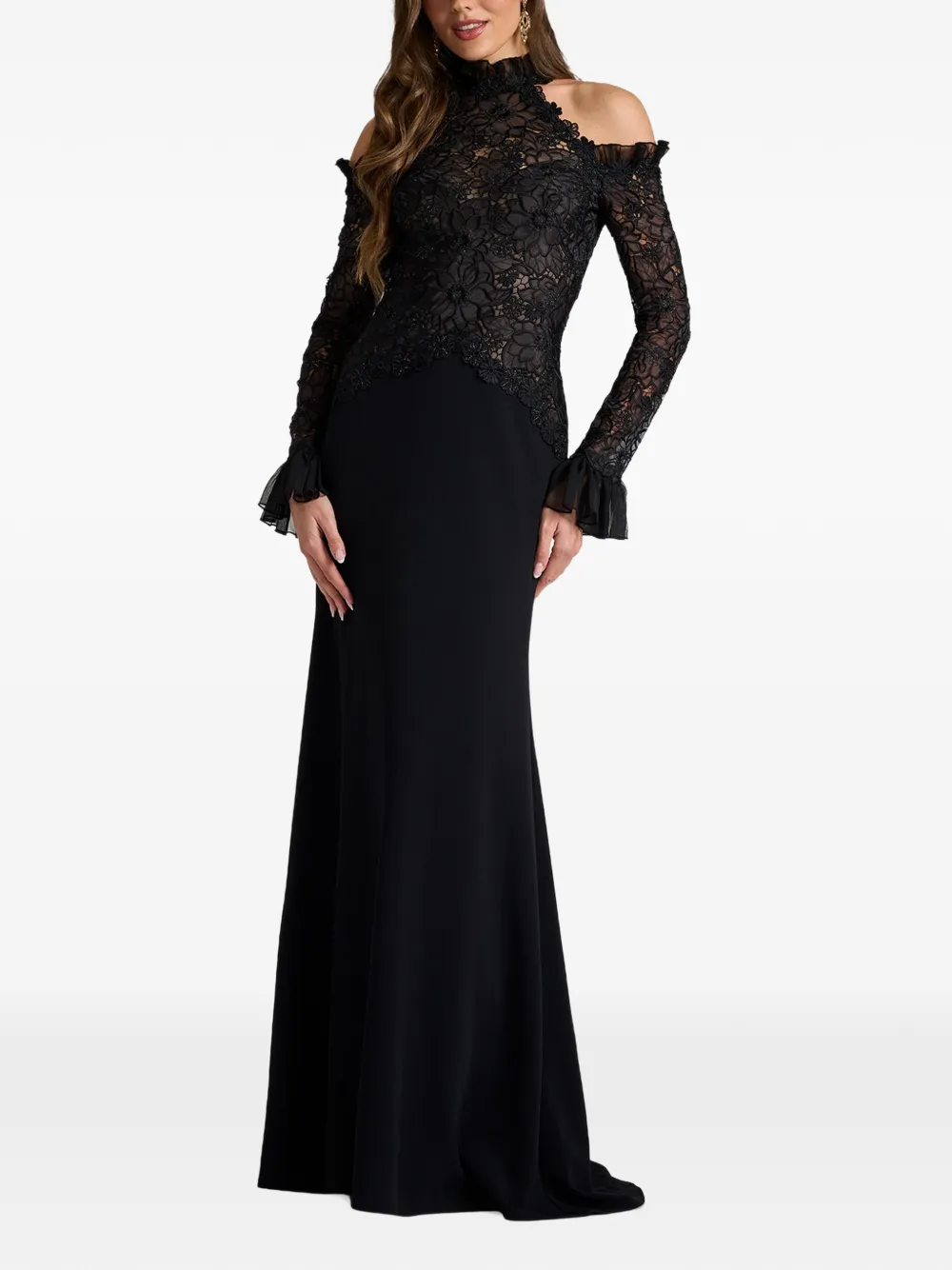 Tadashi Shoji lace-overlay cold-shoulder gown Zwart