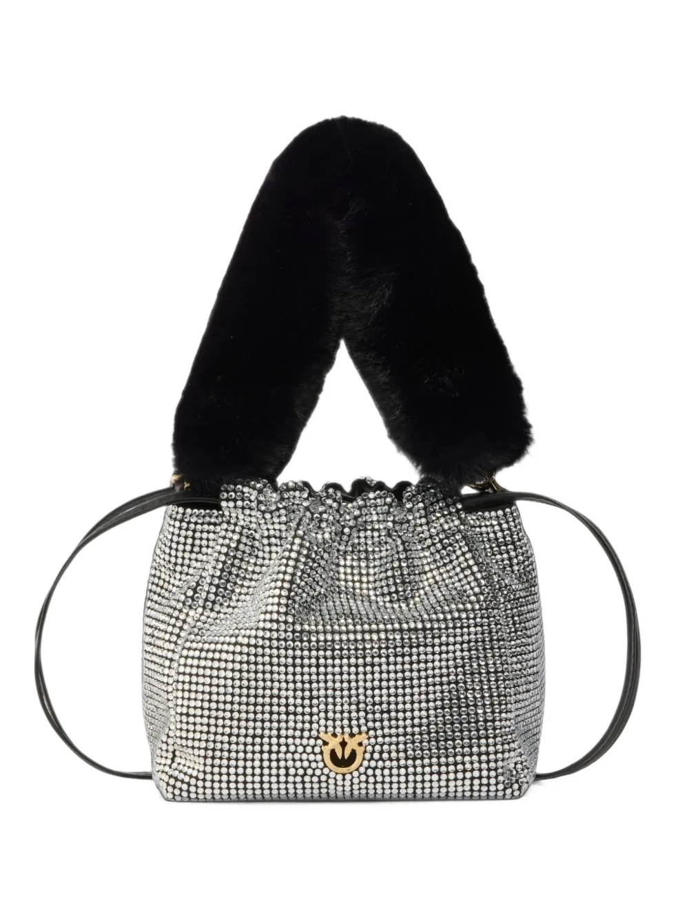 PINKO fully rhinestoned shoulder bucket bag with fur-effect shoulder strap - Silber