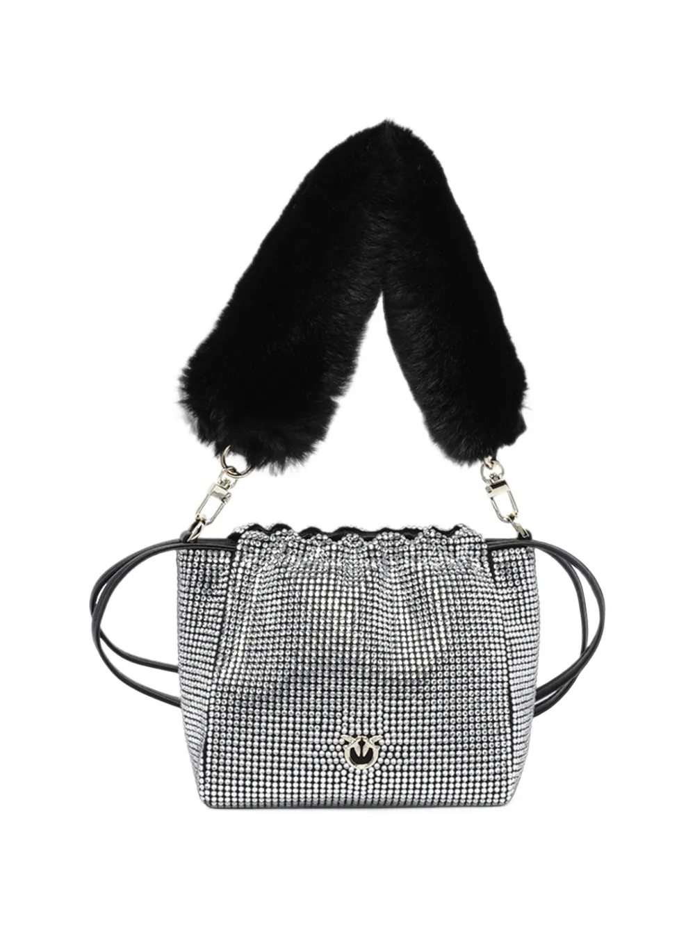 PINKO Volledig stras bucket-tas met schouderband met bont-effect Zilver