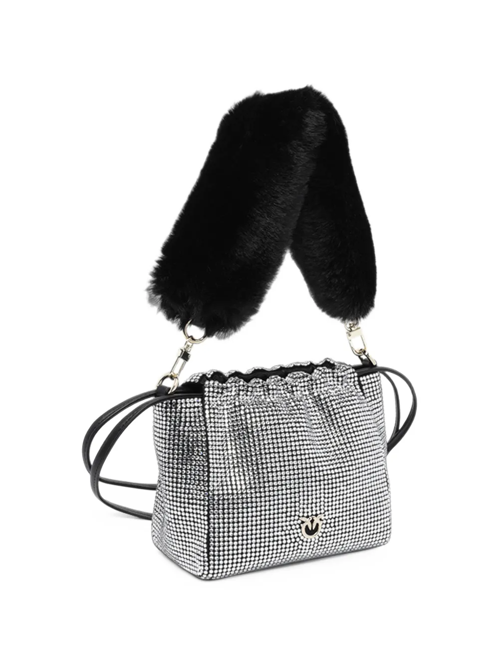 PINKO Volledig stras bucket-tas met schouderband met bont-effect Zilver