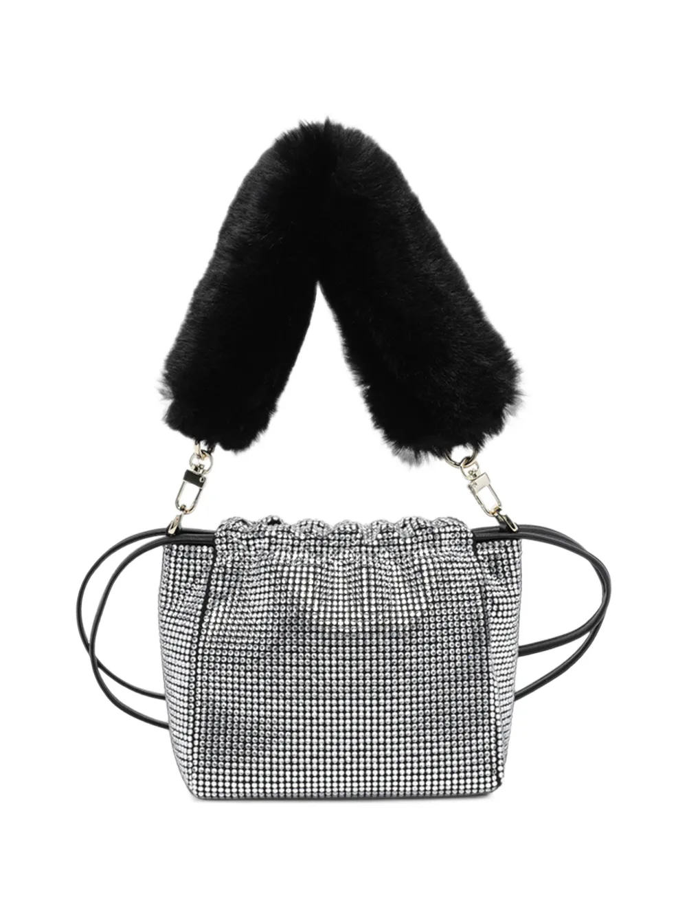 PINKO Volledig stras bucket-tas met schouderband met bont-effect Zilver