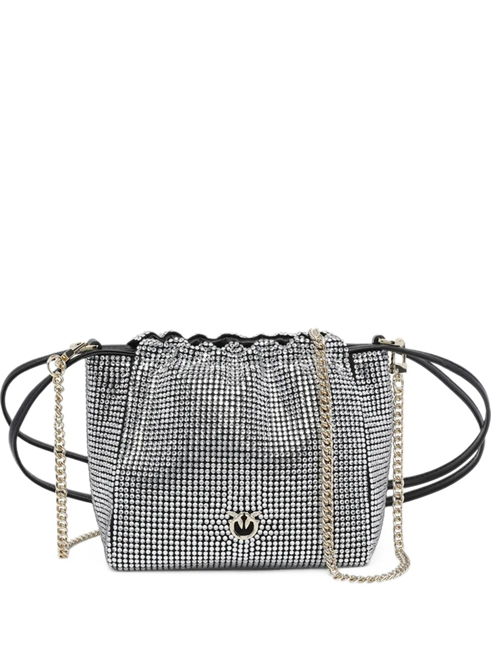 PINKO fully rhinestoned shoulder bucket bag with fur-effect shoulder strap - Argento