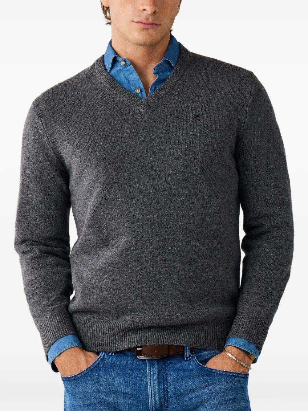 Hackett London Lamswollen trui met V-hals Grijs