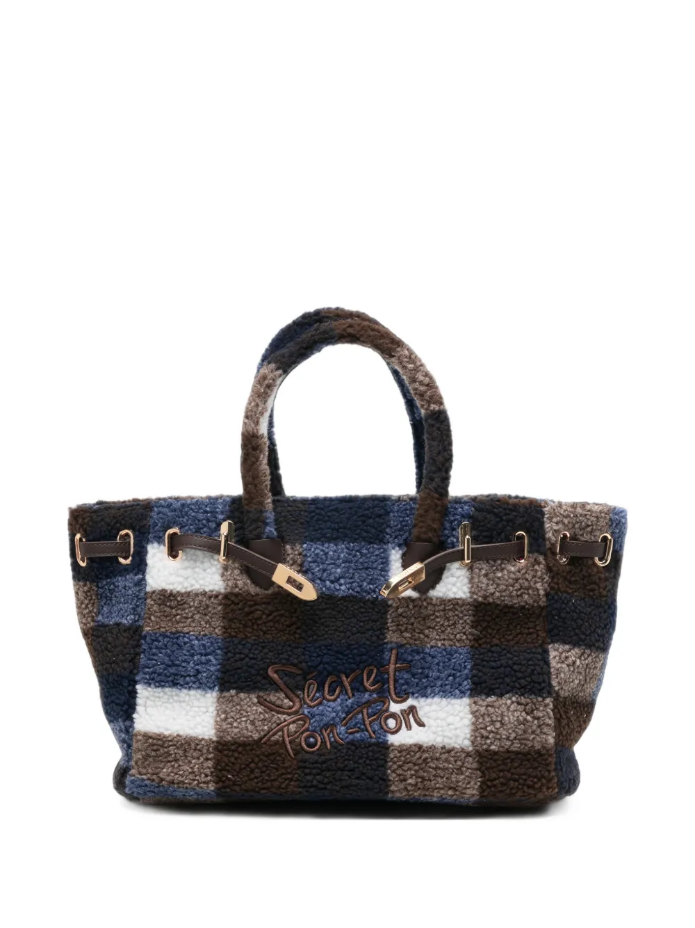 Secret Pon Pon check-pattern faux-shearling shoulder bag - Blu