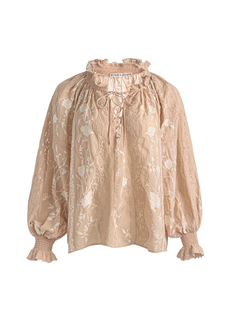 alice + olivia Norah embroidered lace-trim blouse Beige