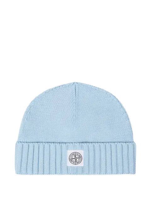 Stone Island Junior logo-patch ribbed-trim beanie hat