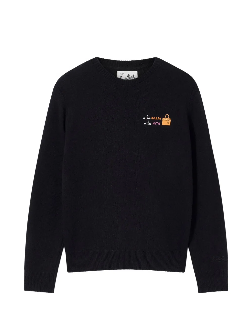 MC2 Saint Barth black New Queen wool-and-cashmere blend crewneck with O La Borsa O La Vita embroidery Zwart