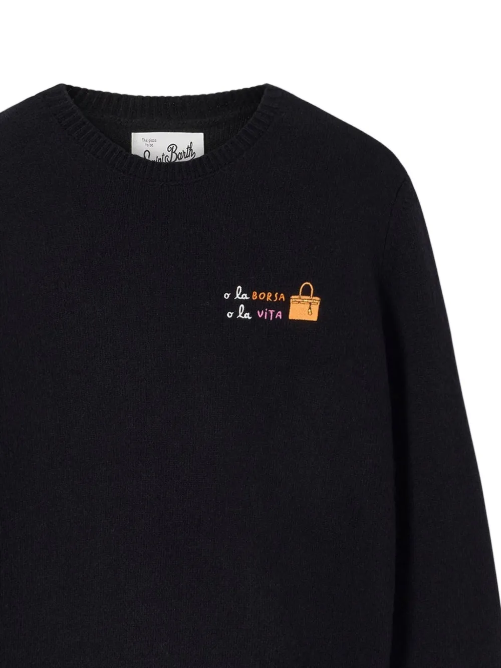 MC2 Saint Barth black New Queen wool-and-cashmere blend crewneck with O La Borsa O La Vita embroidery Zwart