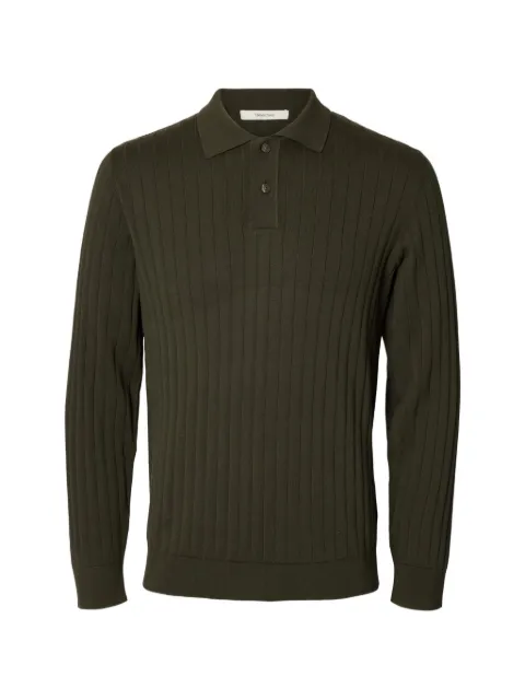 SELECTED ribbed-knit long-sleeve polo shirt