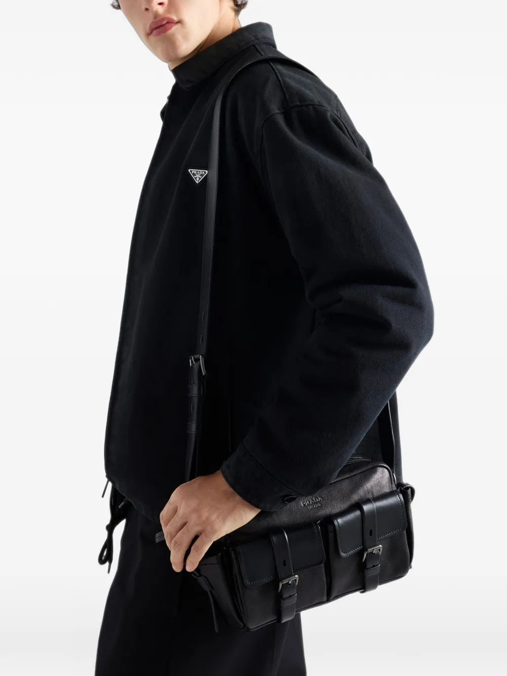 Prada Route leren schoudertas Zwart