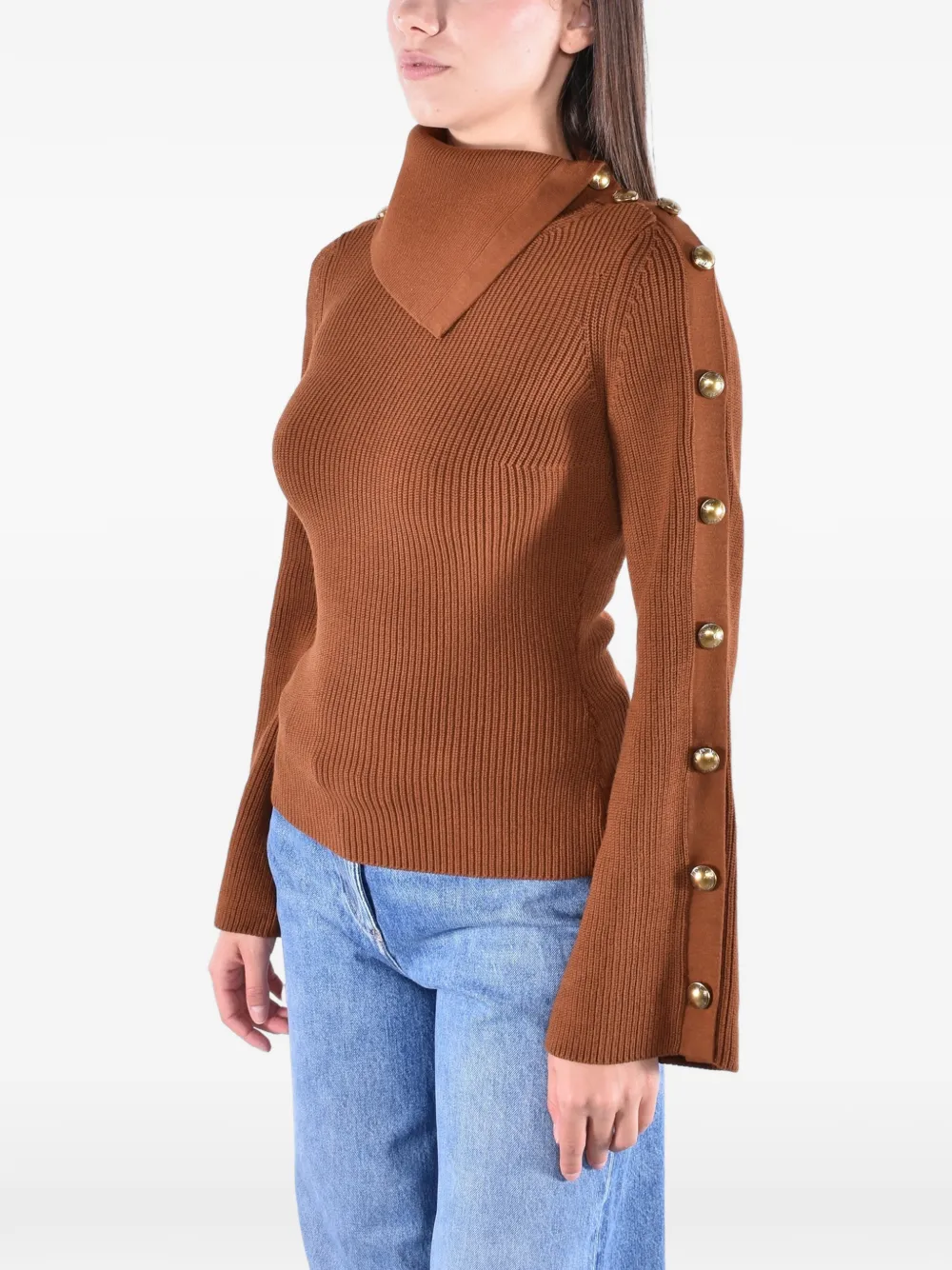 Elisabetta Franchi Trui met hoge hals en verfraaid met knopen Bruin