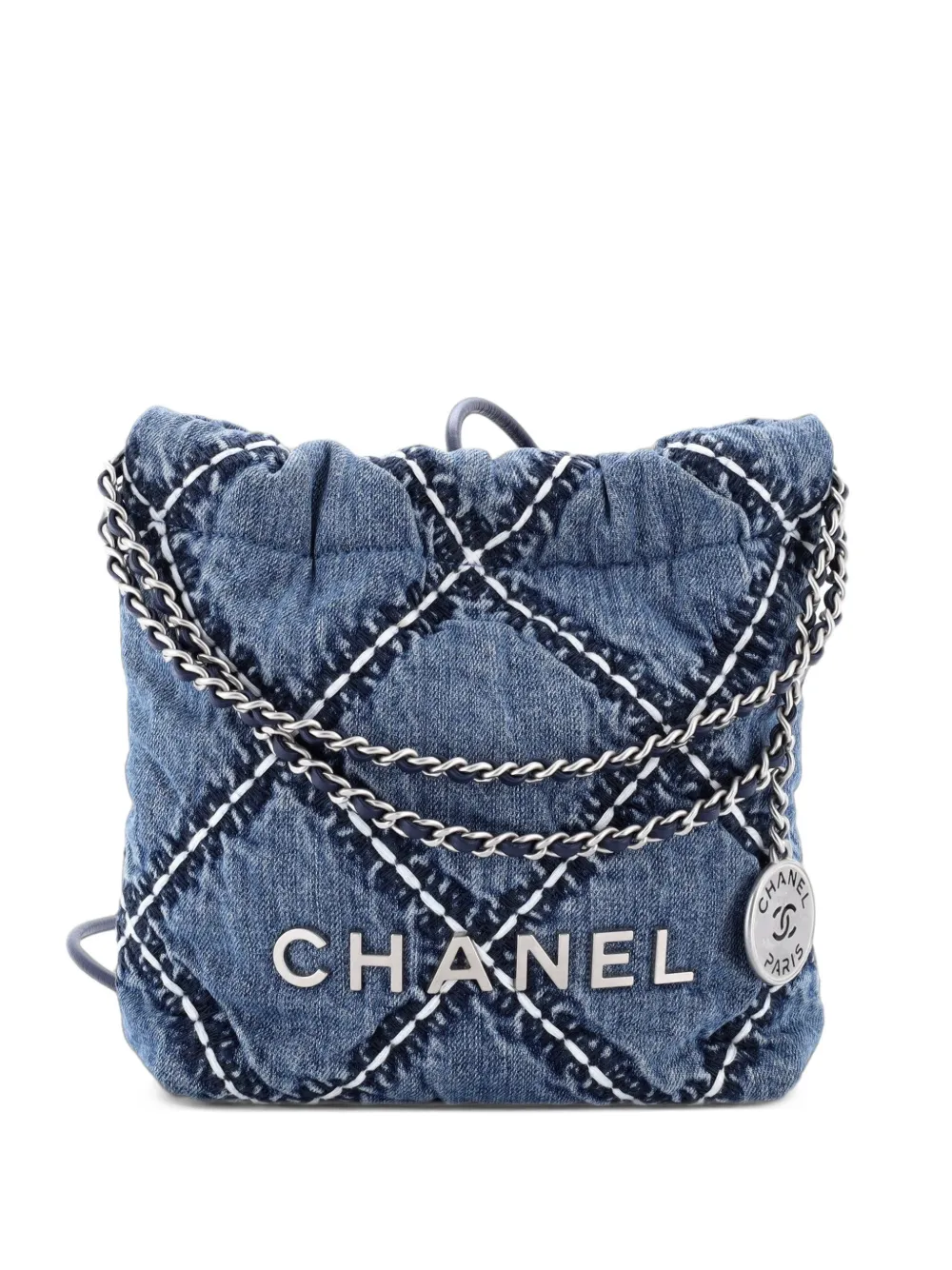 CHANEL Pre-Owned 22 Chain Quilted Stitched Denim Mini hobo bag - Blue